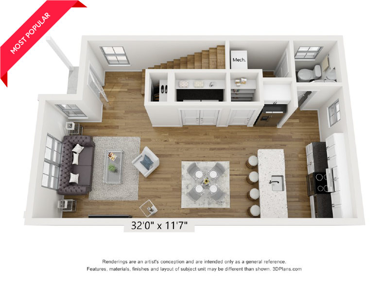 Floor plan for 2 beds, 2.5 baths, 1143 sqft